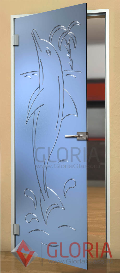 Стеклянная дверь с гравировкой серии Fantasy - модель дельфин