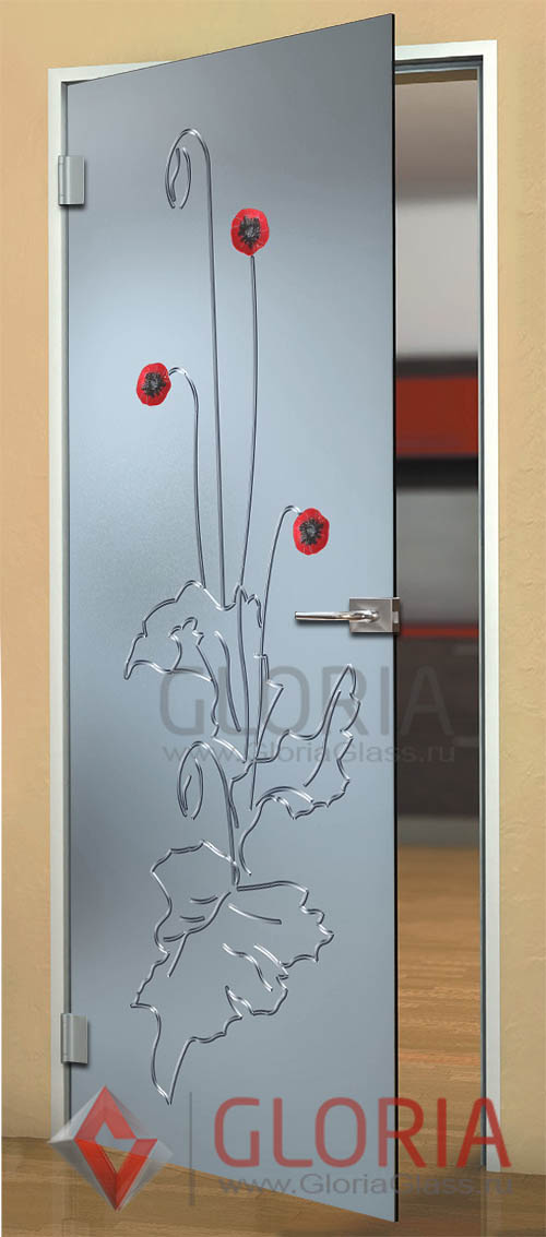 Стеклянная дверь с элементами цветного фьюзинга и графировкой серии Florid - модель Италия