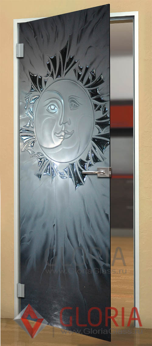 Стеклянная дверь с пескоструйной обработкой модель Луна-Солнце
