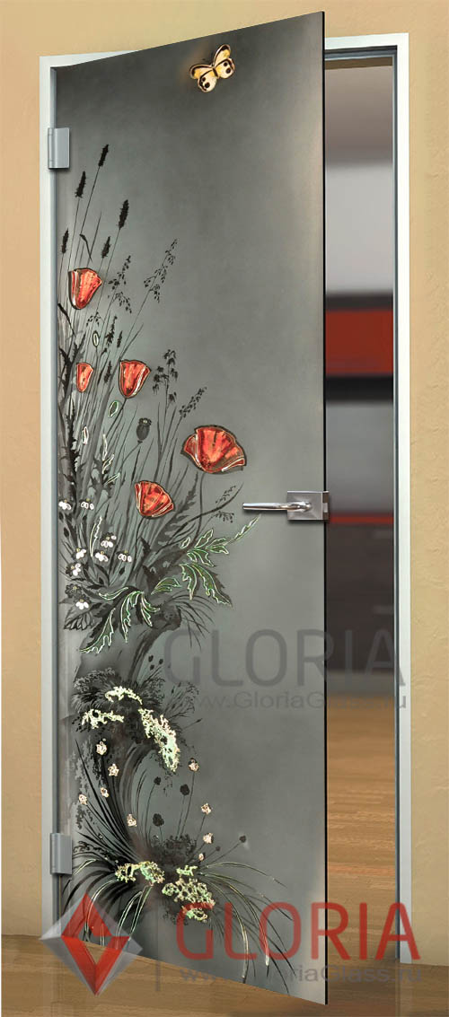 Стеклянная дверь с пескоструйной обработкой модель Маки с бабочкой